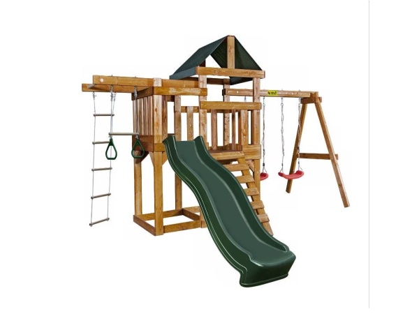 Детская игровая площадка Babygarden play 6 DG с турником, веревочной лестницей, кольцами и темно-зеленой горкой 2.20 метра