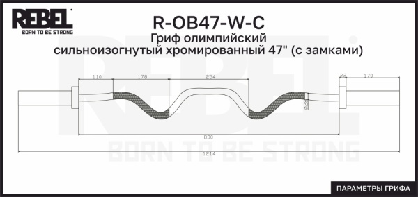 Гриф олимпийский сильноизогнутый хромированный 47" REBEL с замками