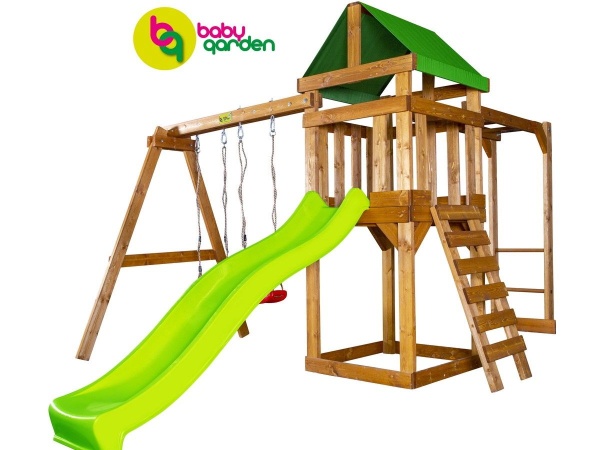 Детская игровая площадка Babygarden play 4 LG с рукоходом качелями и светло-зеленой горкой