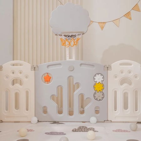 Манеж UNIX Kids DeLuxe Grey,180 x 200 см, с баскетбольным кольцом и ковриком, из безопасных материалов